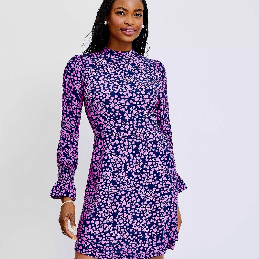Loft Heart Smocked Ruffle Cuff Flare Dress, NWT